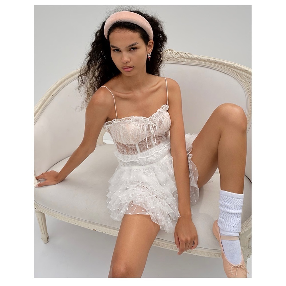 For Love & Lemons Coquette Ballet Romantic Jules Lacy Corset Mini Dress White L - Picture 5 of 16